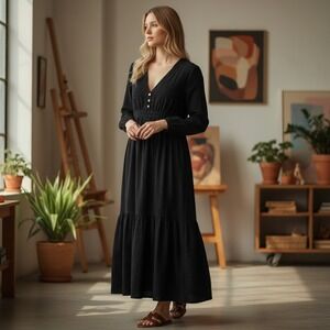 Amadi Anthropologie Black Linen Tiered Maxi Dress Size Medium V-Neck Long Sleeve